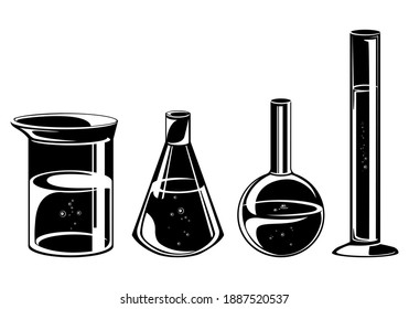 Set of different flasks. Laboratory glasswares in monochrome style.