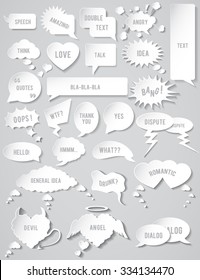 Set of different flat comic Speech bubbles for talk and quotes on a gray background. Collection of cloud oval rectangle and jagged shape contours abstract isolated vector illustration