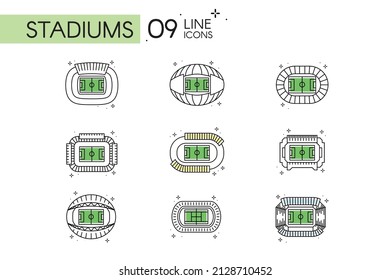 Conjunto de diferentes diseños planos vista aérea estadio íconos Vector