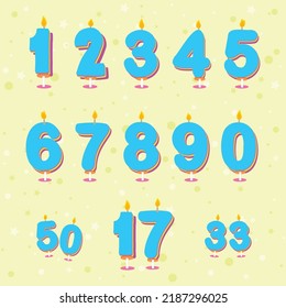 Juego de diferentes velas de torta de doodle plana. Números de decoración de dulces de aniversario