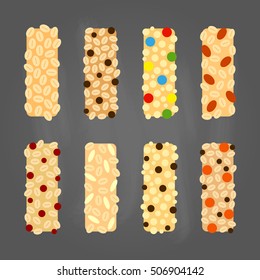 Set of different flat granola bars isolated on chalkboard background.