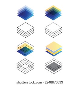 Set of different flat and outline paper layers design icons. Wed logo interface for square and circle isometric layers