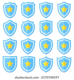 Set of different flat shield icons vector with matching blue and yellow color themes. Each shield features a unique shape, ideal for security, protection, or game UI designs. Clean and professional