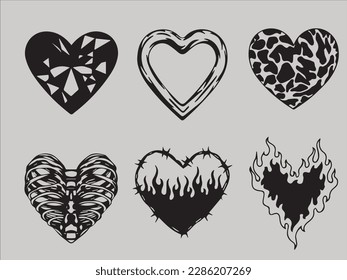 Eine Reihe von verschiedenen, flachen Herzsymbolen. Sammlung von Illustrationen aus Herz und Hass, Symbol für Liebe und Hass, Liebessymbol, Vektorgrafik.