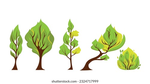 Set of different flat trees and bush. Vector design of landscape elements. Summertime green trees vector illustration.