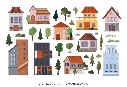 Set of different flat urban and countryside building icons, trees, bushes. Isolated skyscraper, apartment building, cottage, country house, villa. Flat illustrations of urban and suburban life.