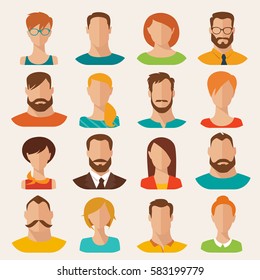 Set of different flat vector characters. Flat style vector avatars. Male and female vector portraits. 