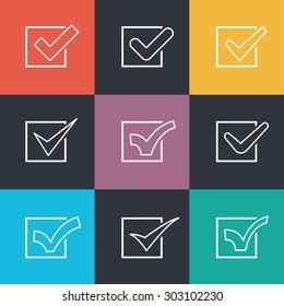 Set of different flat vector check marks or ticks in boxes