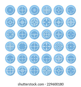 Set of different flat vector crosshair sign icons with long shadow. Line simple symbols. Target aim. Circles and rounded squares buttons.