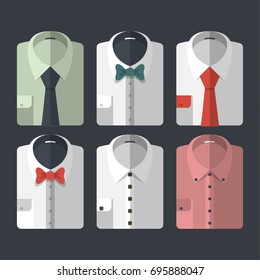 Set of different flat-style shirts with ties and bowties. Casual and business-style