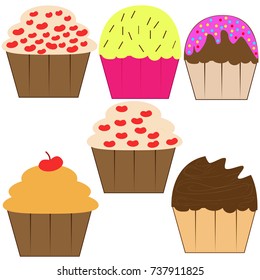 Set with different flavors and decorations of muffins. Vector illustration