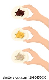 set of different flavoured Chinese buns on a right hand