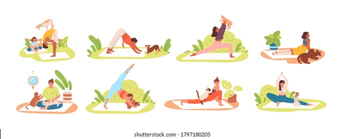 Set of different flexible people practicing yoga with pets at home or outdoor vector flat illustration. Collection of diverse man and woman exercising with cats, dogs and goatlings isolated on white svg