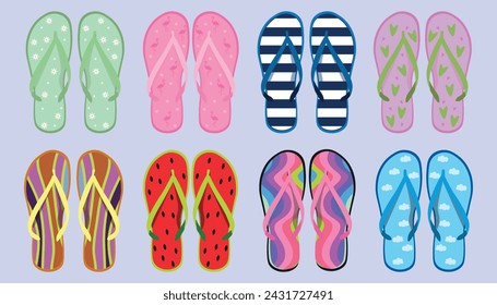 Set of different flip-flops on lilac background