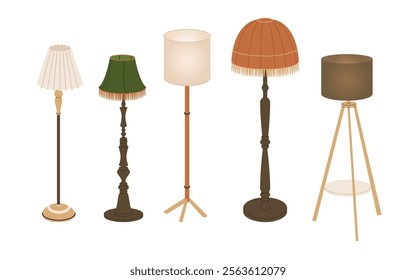 Set of different floor lamps and torchieres with fabric and paper lampshades. Modern and classic lighting fixtures. Living room furnishings. Vector illustration isolated on transparent background.