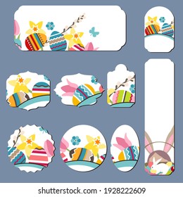 Set with different floral cards with funny rabbit and spring birds. Illustration can be used for festive and romantic design templates.
