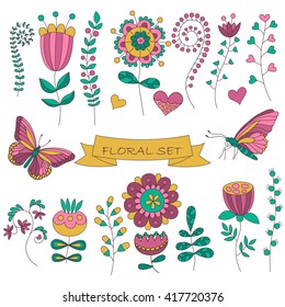 Set of different floral elements. Hand drawn herbs and butterflies isolated on white. Flower set in vector. Vector illustration.