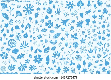 Set of different floral elements and shapes, modern flat doodle style decorative background or pattern