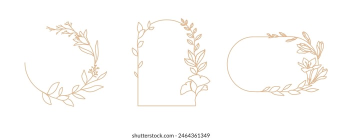 Set of different floral frame from flat editable stroke. Luxury line floral collection for wedding invitation art, design template of save the date card