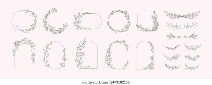 Set of different floral frame from flat editable stroke. Luxury line floral collection for wedding invitation art, design template of save the date card. Botanical vector illustration, lined herbs