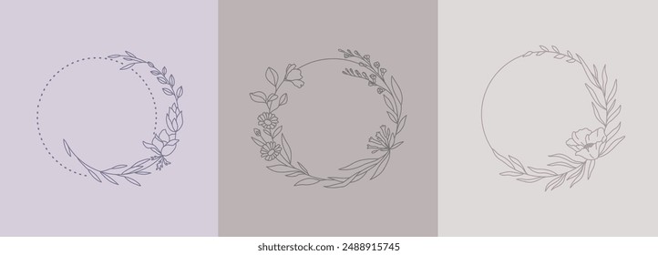 Set of different floral frame from flat editable stroke. Luxury line floral collection for wedding invitation art, design template of save the date card. Botanical vector illustration, lined herbs