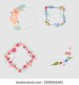 Set of different floral frame from flat editable stroke. Luxury line floral collection for wedding invitation art, design template of save the date card. Botanical vector illustration, lined herbs
