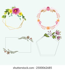 Set of different floral frame from flat editable stroke. Luxury line floral collection for wedding invitation art, design template of save the date card. Botanical vector illustration, lined herbs