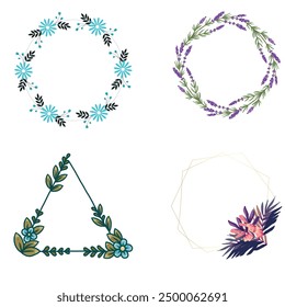 Set of different floral frame from flat editable stroke. Luxury line floral collection for wedding invitation art, design template of save the date card. Botanical vector illustration, lined herbs