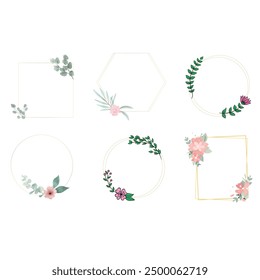 Set of different floral frame from flat editable stroke. Luxury line floral collection for wedding invitation art, design template of save the date card. Botanical vector illustration, lined herbs
