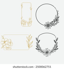 Set of different floral frame from flat editable stroke. Luxury line floral collection for wedding invitation art, design template of save the date card. Botanical vector illustration, lined herbs