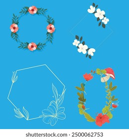 Set of different floral frame from flat editable stroke. Luxury line floral collection for wedding invitation art, design template of save the date card. Botanical vector illustration, lined herbs