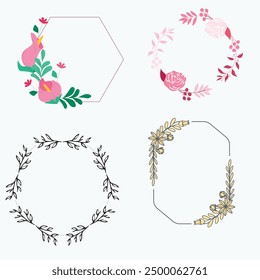 Set of different floral frame from flat editable stroke. Luxury line floral collection for wedding invitation art, design template of save the date card. Botanical vector illustration, lined herbs