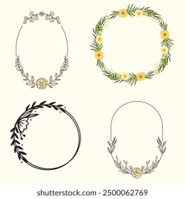 Set of different floral frame from flat editable stroke. Luxury line floral collection for wedding invitation art, design template of save the date card. Botanical vector illustration, lined herbs