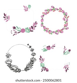 Set of different floral frame from flat editable stroke. Luxury line floral collection for wedding invitation art, design template of save the date card. Botanical vector illustration, lined herbs