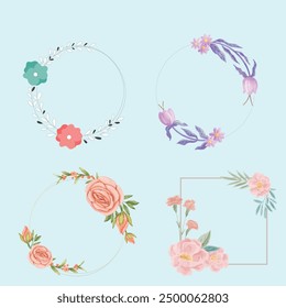 Conjunto de diferentes marcos florales de trazo editable plano. Colección floral de la línea de lujo para el arte de la invitación de la boda, Plantilla Guardar del diseño de la tarjeta de la fecha. Ilustración vectorial botánica, hierbas forradas