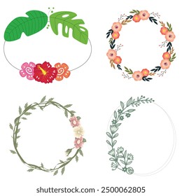 Set of different floral frame from flat editable stroke. Luxury line floral collection for wedding invitation art, design template of save the date card. Botanical vector illustration, lined herbs