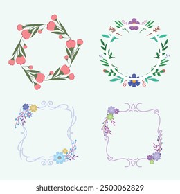 Set of different floral frame from flat editable stroke. Luxury line floral collection for wedding invitation art, design template of save the date card. Botanical vector illustration, lined herbs