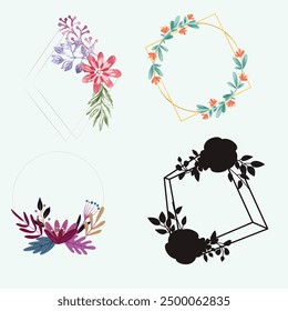 Set of different floral frame from flat editable stroke. Luxury line floral collection for wedding invitation art, design template of save the date card. Botanical vector illustration, lined herbs