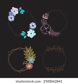 Set of different floral frame from flat editable stroke. Luxury line floral collection for wedding invitation art, design template of save the date card. Botanical vector illustration, lined herbs