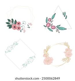 Set of different floral frame from flat editable stroke. Luxury line floral collection for wedding invitation art, design template of save the date card. Botanical vector illustration, lined herbs