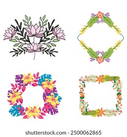 Set of different floral frame from flat editable stroke. Luxury line floral collection for wedding invitation art, design template of save the date card. Botanical vector illustration, lined herbs
