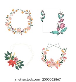 Set of different floral frame from flat editable stroke. Luxury line floral collection for wedding invitation art, design template of save the date card. Botanical vector illustration, lined herbs
