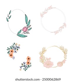 Set of different floral frame from flat editable stroke. Luxury line floral collection for wedding invitation art, design template of save the date card. Botanical vector illustration, lined herbs