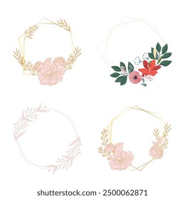 Set of different floral frame from flat editable stroke. Luxury line floral collection for wedding invitation art, design template of save the date card. Botanical vector illustration, lined herbs