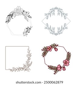 Set of different floral frame from flat editable stroke. Luxury line floral collection for wedding invitation art, design template of save the date card. Botanical vector illustration, lined herbs