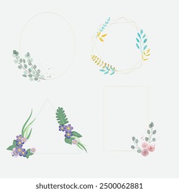 Set of different floral frame from flat editable stroke. Luxury line floral collection for wedding invitation art, design template of save the date card. Botanical vector illustration, lined herbs