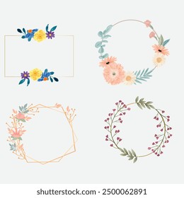 Set of different floral frame from flat editable stroke. Luxury line floral collection for wedding invitation art, design template of save the date card. Botanical vector illustration, lined herbs