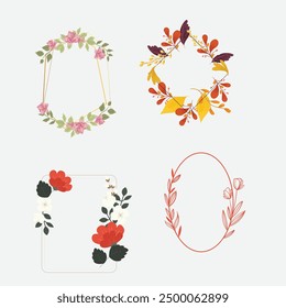 Set of different floral frame from flat editable stroke. Luxury line floral collection for wedding invitation art, design template of save the date card. Botanical vector illustration, lined herbs