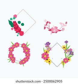 Set of different floral frame from flat editable stroke. Luxury line floral collection for wedding invitation art, design template of save the date card. Botanical vector illustration, lined herbs