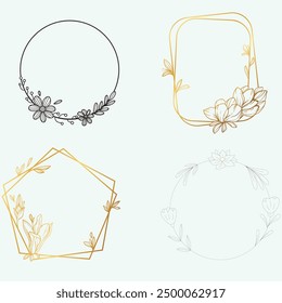 Set of different floral frame from flat editable stroke. Luxury line floral collection for wedding invitation art, design template of save the date card. Botanical vector illustration, lined herbs